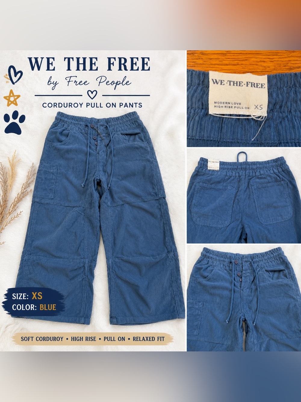 Free People Blue Corduroy Pull-On Bootcut Pants